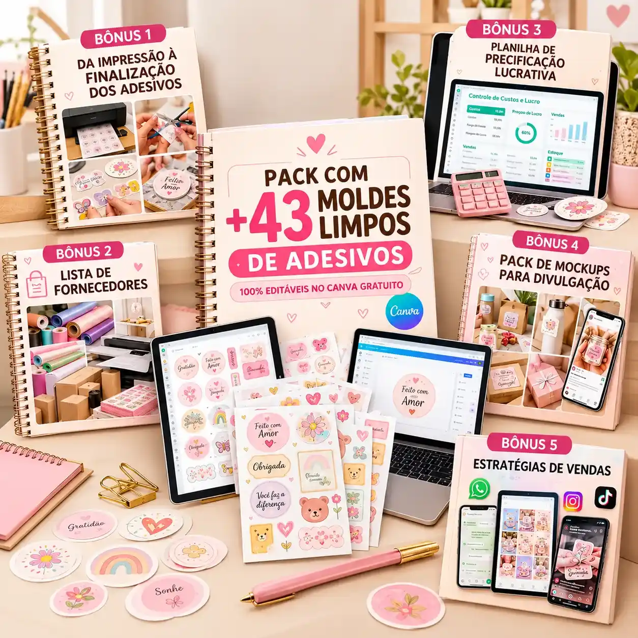 Pack com +43 moldes limpos de adesivos editáveis no Canva e os 5 bônus